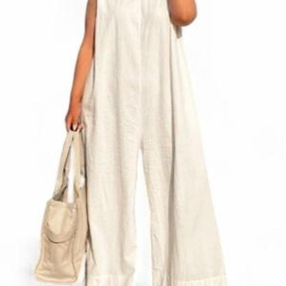 UOOZEE Women's Sleeveless Wide Leg Shoulder Pad White Jumpsuit Wide Leg Jumper
